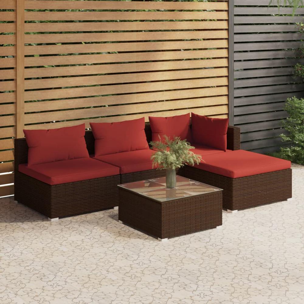 vidaXL 5 Piece Patio Lounge Set with Cushions Poly Rattan Brown, 3101619. Picture 1