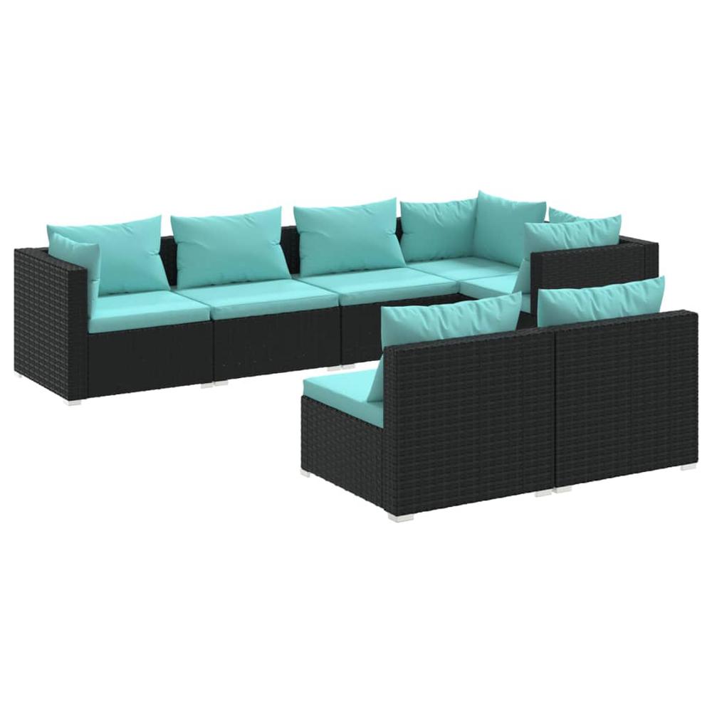 vidaXL 7 Piece Patio Lounge Set with Cushions Black Poly Rattan, 3102385. Picture 2