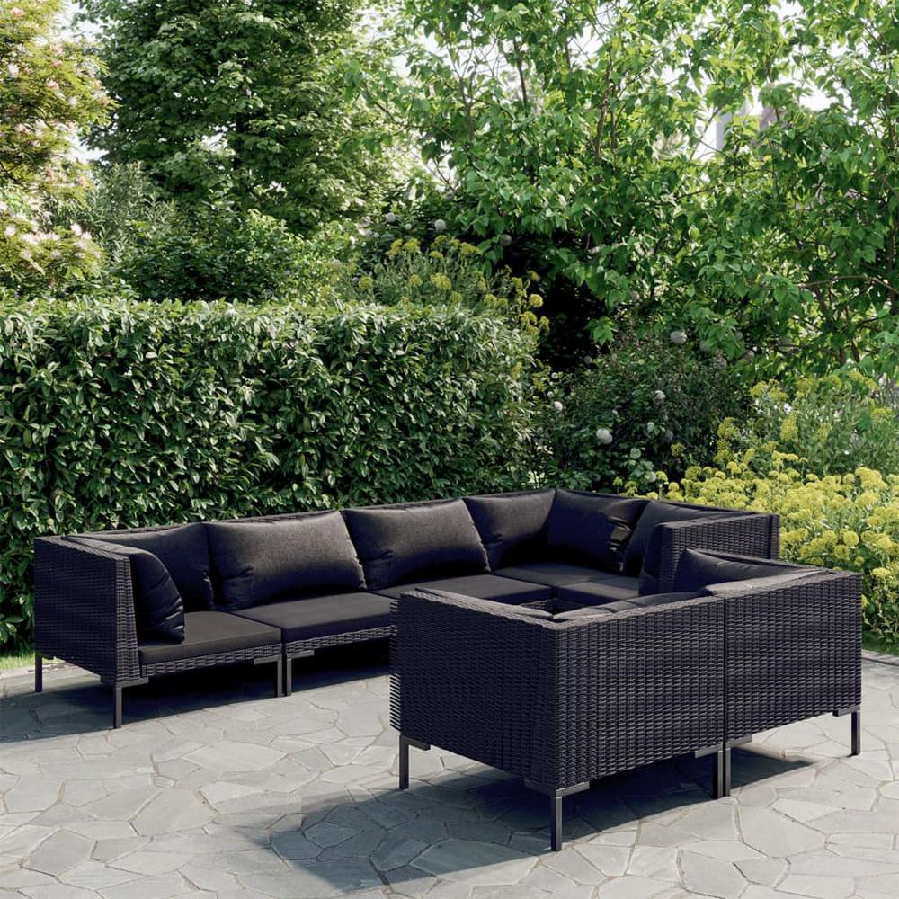 vidaXL 7 Piece Patio Lounge Set with Cushions Poly Rattan Dark Gray, 3099864. Picture 1