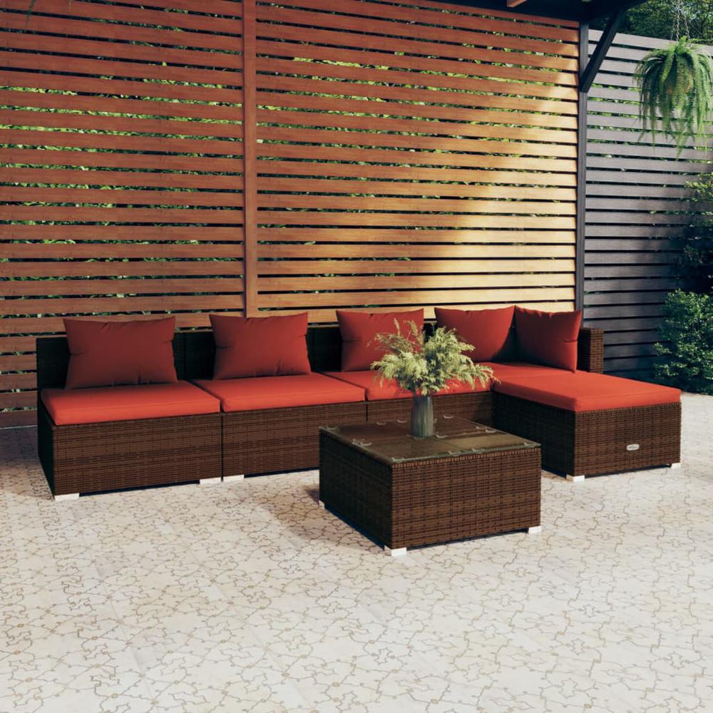 vidaXL 6 Piece Patio Lounge Set with Cushions Poly Rattan Brown, 3101635. Picture 1