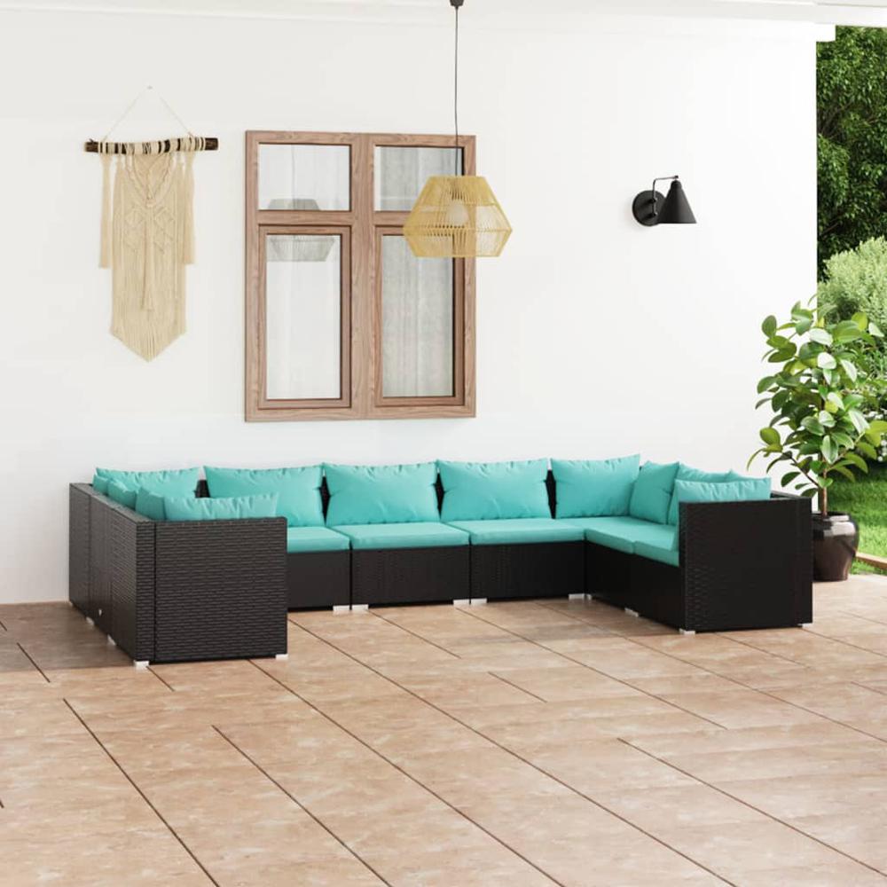 vidaXL 9 Piece Patio Lounge Set with Cushions Poly Rattan Black, 3101969. Picture 1