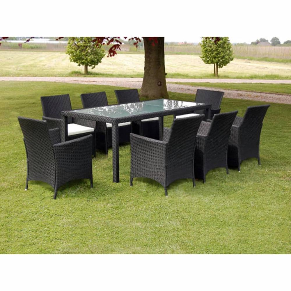 vidaXL 9 Piece Outdoor Dining Set with Cushions Poly Rattan Black, 43118. Picture 1