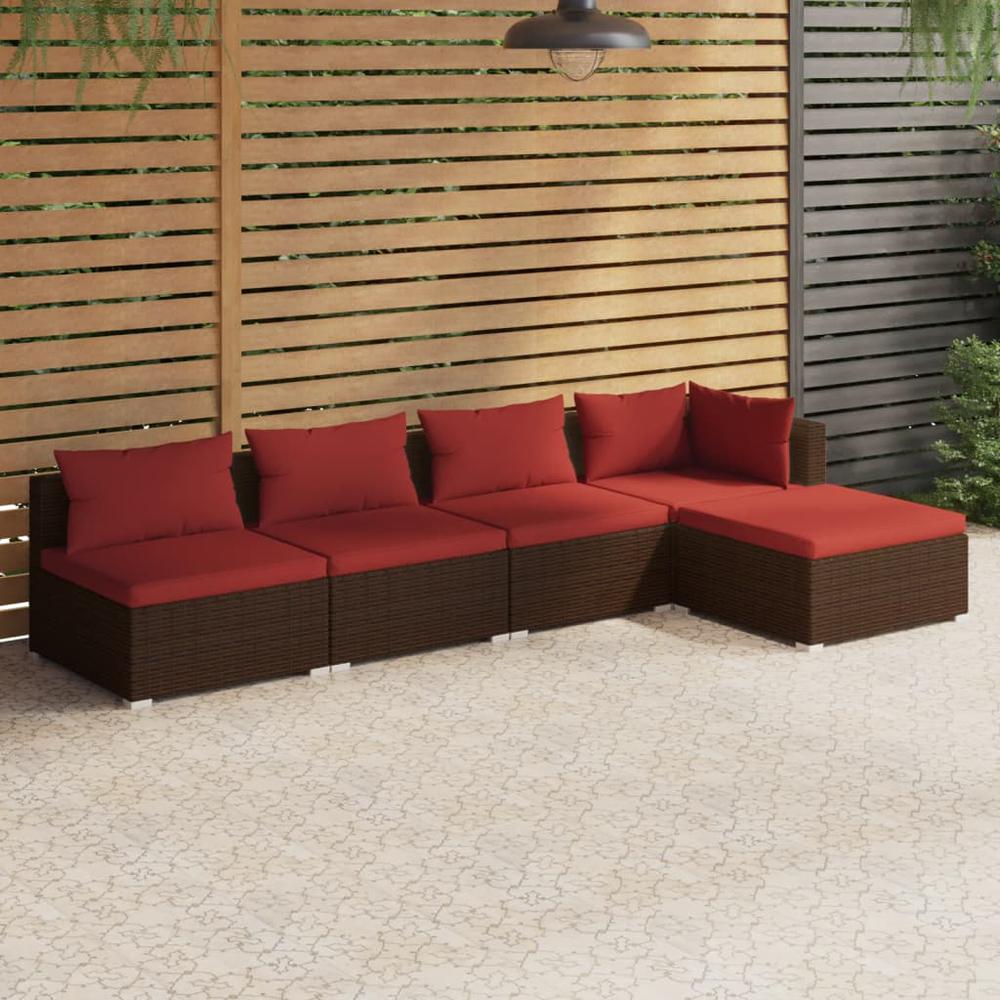 vidaXL 5 Piece Patio Lounge Set with Cushions Poly Rattan Brown, 3101627. Picture 1