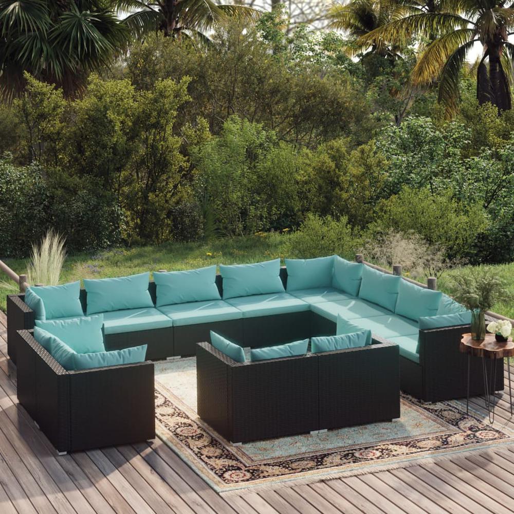 vidaXL 12 Piece Patio Lounge Set with Cushions Black Poly Rattan, 3102889. Picture 1