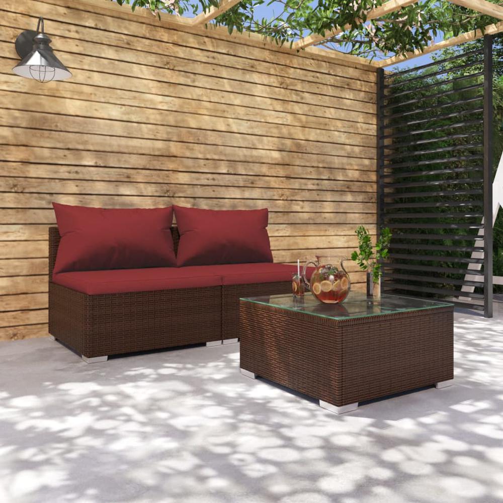 vidaXL 3 Piece Patio Lounge Set with Cushions Poly Rattan Brown, 3101403. The main picture.