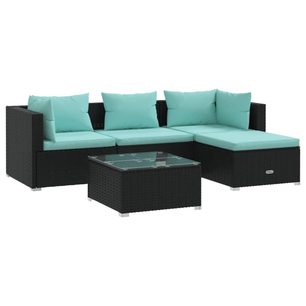 vidaXL 5 Piece Patio Lounge Set with Cushions Poly Rattan Black, 3101649. Picture 2