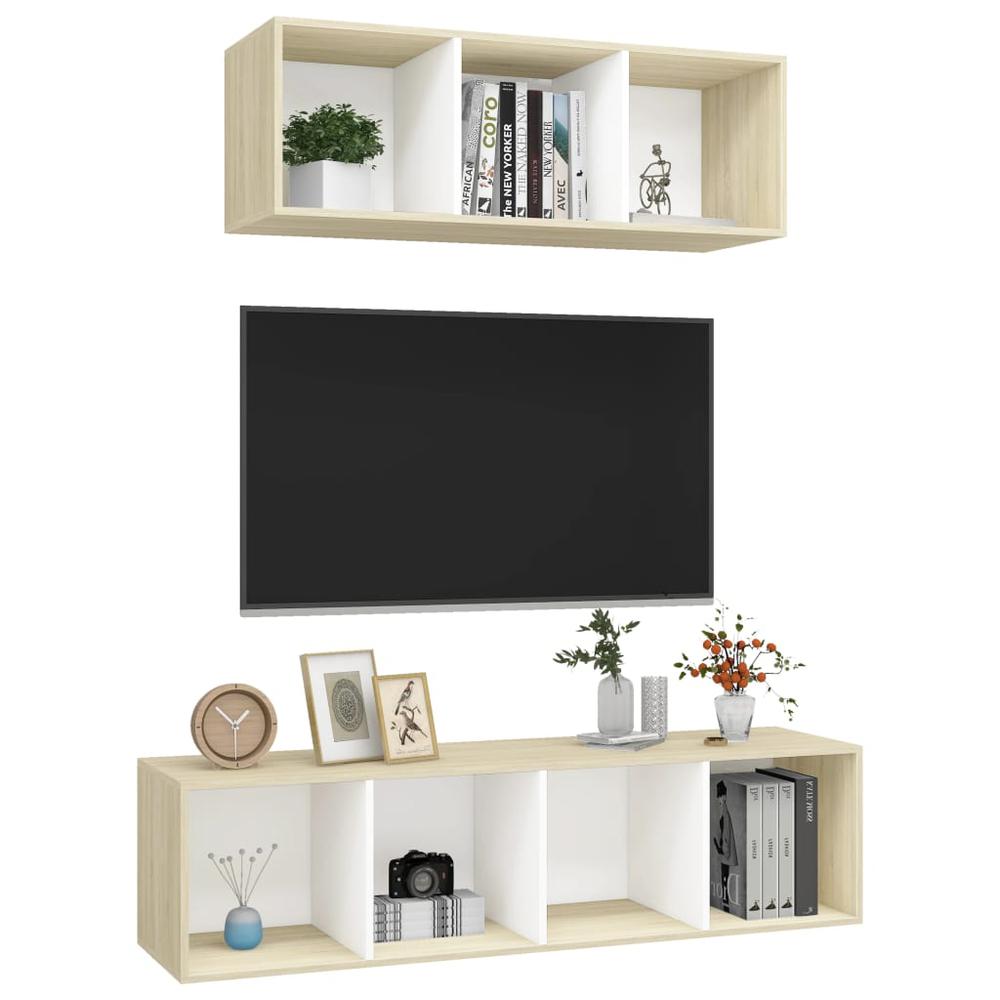 vidaXL 2 Piece TV Cabinet Set White and Sonoma Oak Engineered Wood, 3079795. Picture 3