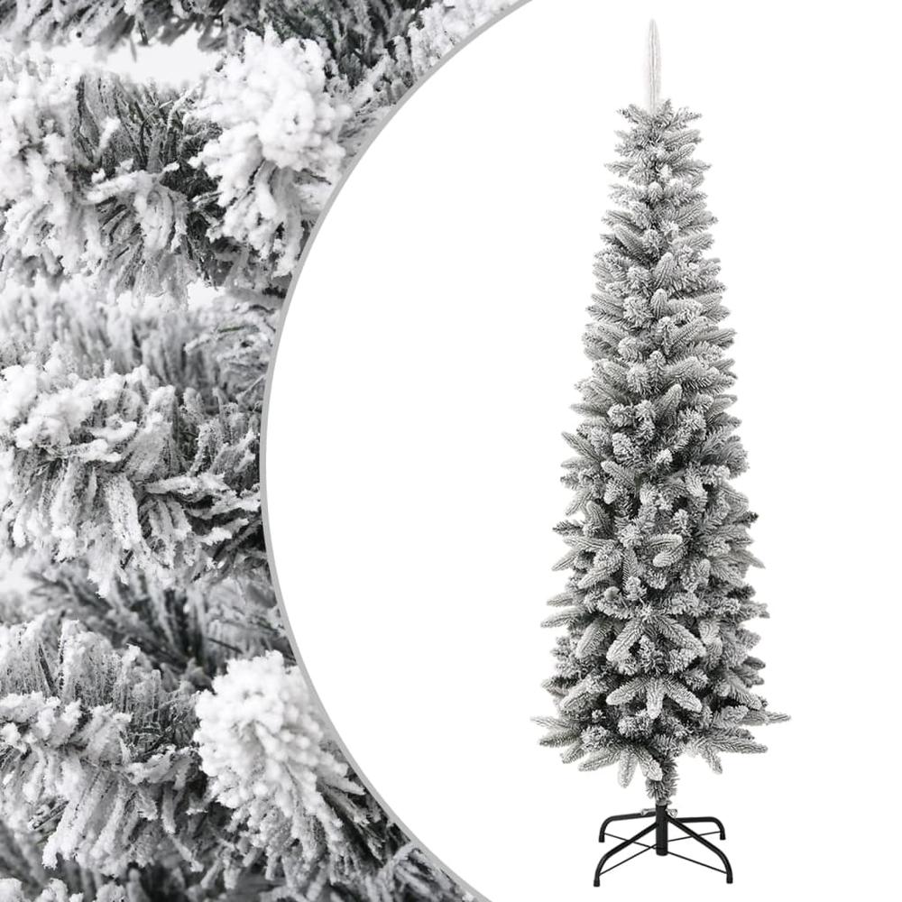 vidaXL Artificial Slim Christmas Tree with Flocked Snow 82.7" PVC&PE. Picture 1