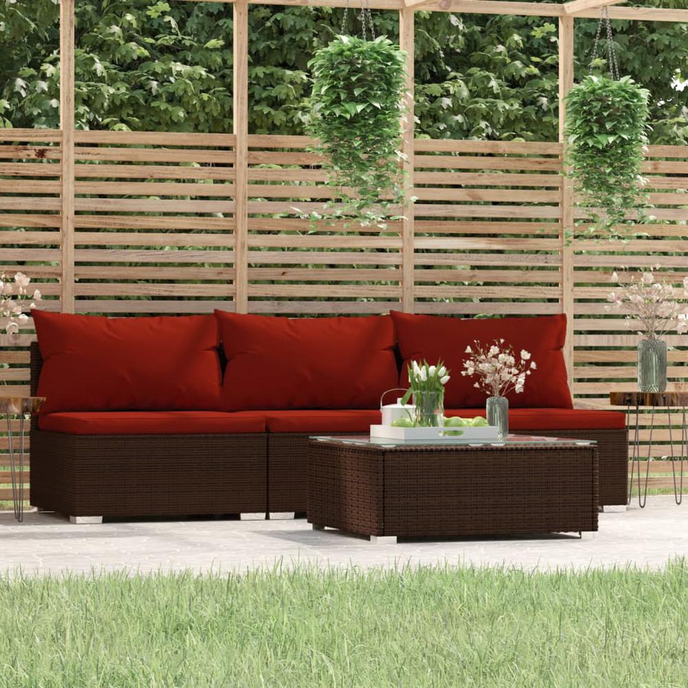 vidaXL 4 Piece Patio Lounge Set with Cushions Brown Poly Rattan, 317551. Picture 1