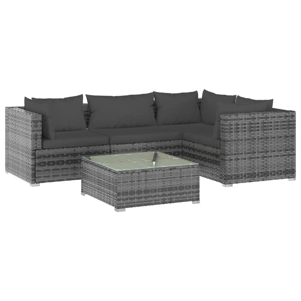 vidaXL 5 Piece Patio Lounge Set with Cushions Poly Rattan Gray, 3101685. Picture 2