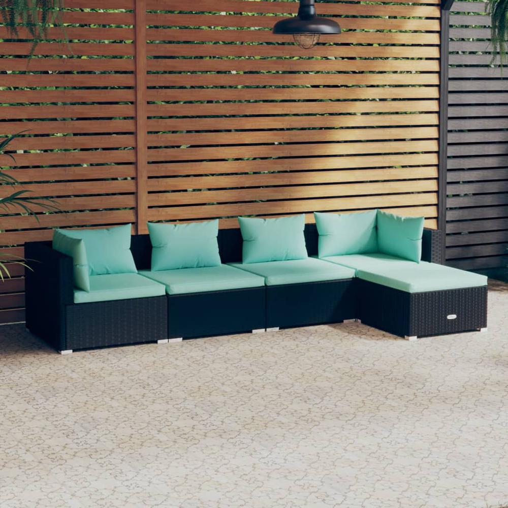 vidaXL 5 Piece Patio Lounge Set with Cushions Poly Rattan Black, 3101657. Picture 1