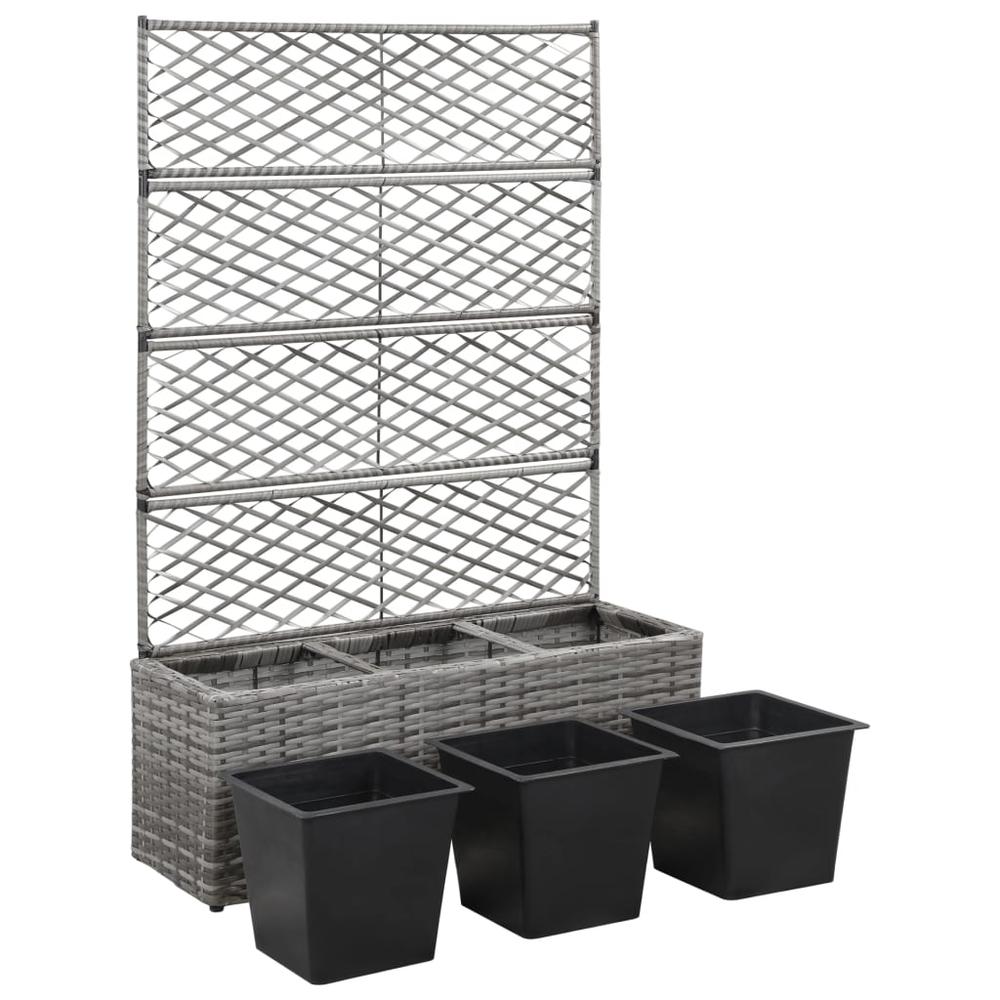 vidaXL Trellis Raised Bed with 3 Pots 32.7"x11.8"x51.2" Poly Rattan Gray. Picture 4