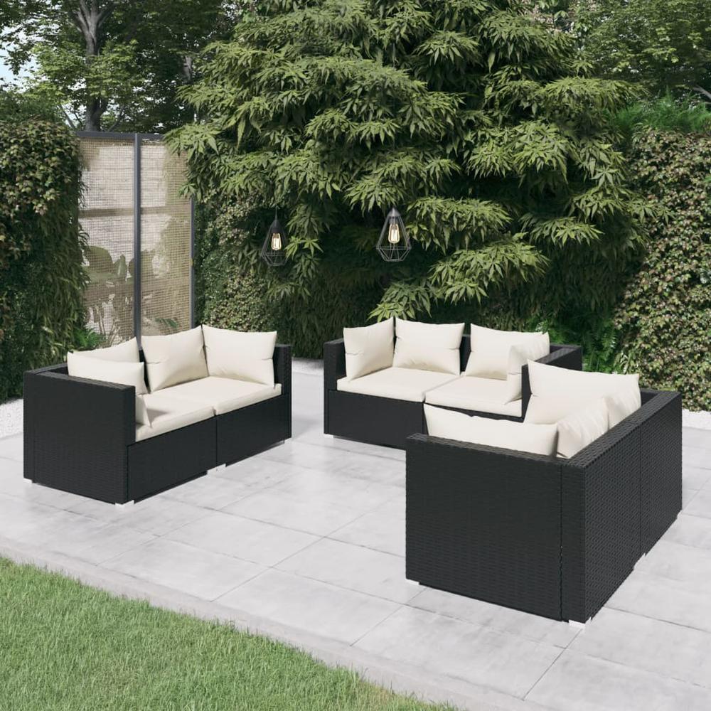 vidaXL 6 Piece Patio Lounge Set with Cushions Poly Rattan Black, 3102295. Picture 1