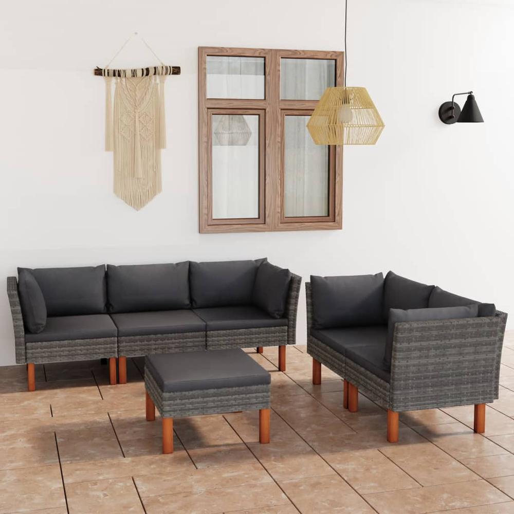 vidaXL 6 Piece Patio Lounge Set with Cushions Poly Rattan Gray, 3059716. Picture 1