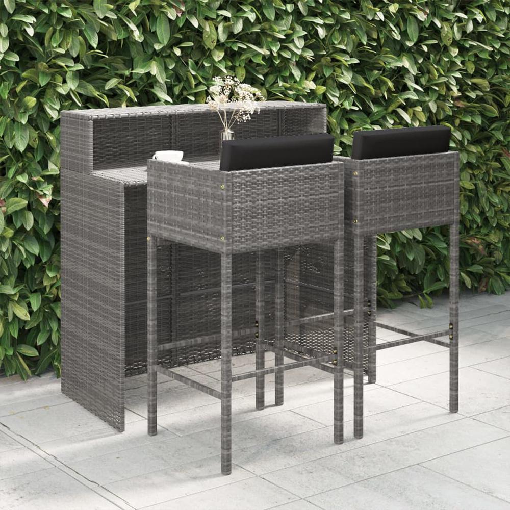 vidaXL 3 Piece Patio Bar Set with Cushions Poly Rattan Gray, 3094808. Picture 1