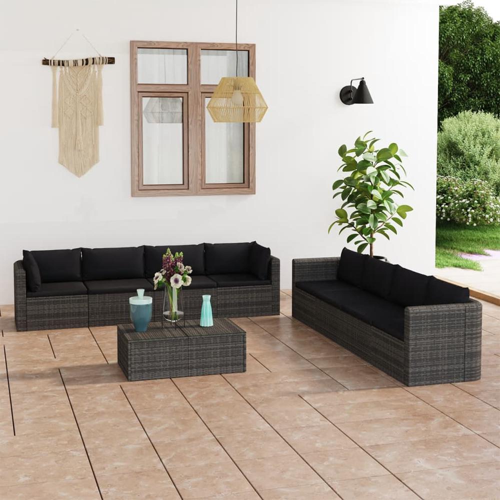 vidaXL 9 Piece Patio Lounge Set with Cushions Poly Rattan Gray, 3059495. Picture 1