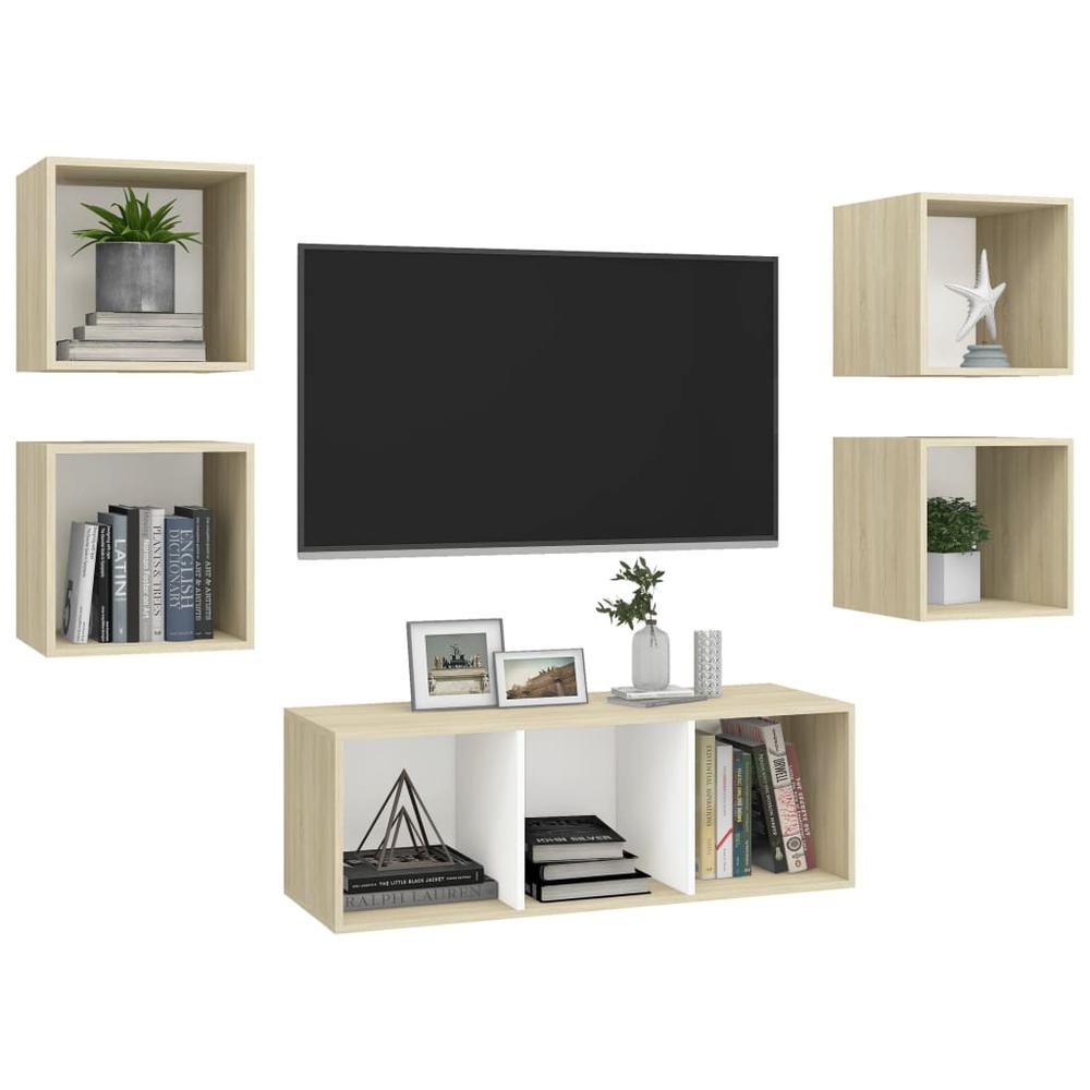 vidaXL 5 Piece TV Cabinet Set White and Sonoma Oak Engineered Wood, 3079615. Picture 3
