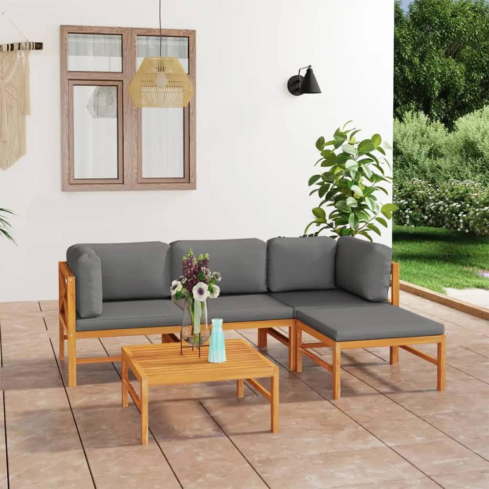 vidaXL 5 Piece Patio Lounge Set with Gray Cushions Solid Teak Wood. Picture 1