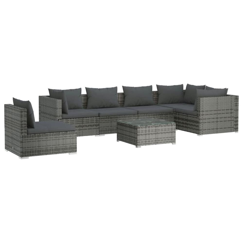 vidaXL 7 Piece Patio Lounge Set with Cushions Poly Rattan Gray, 3102333. Picture 2