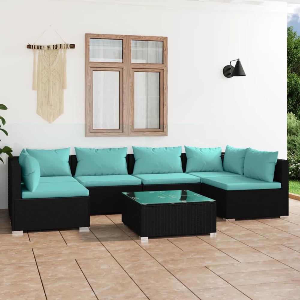 vidaXL 7 Piece Patio Lounge Set with Cushions Poly Rattan Black, 3101881. Picture 1