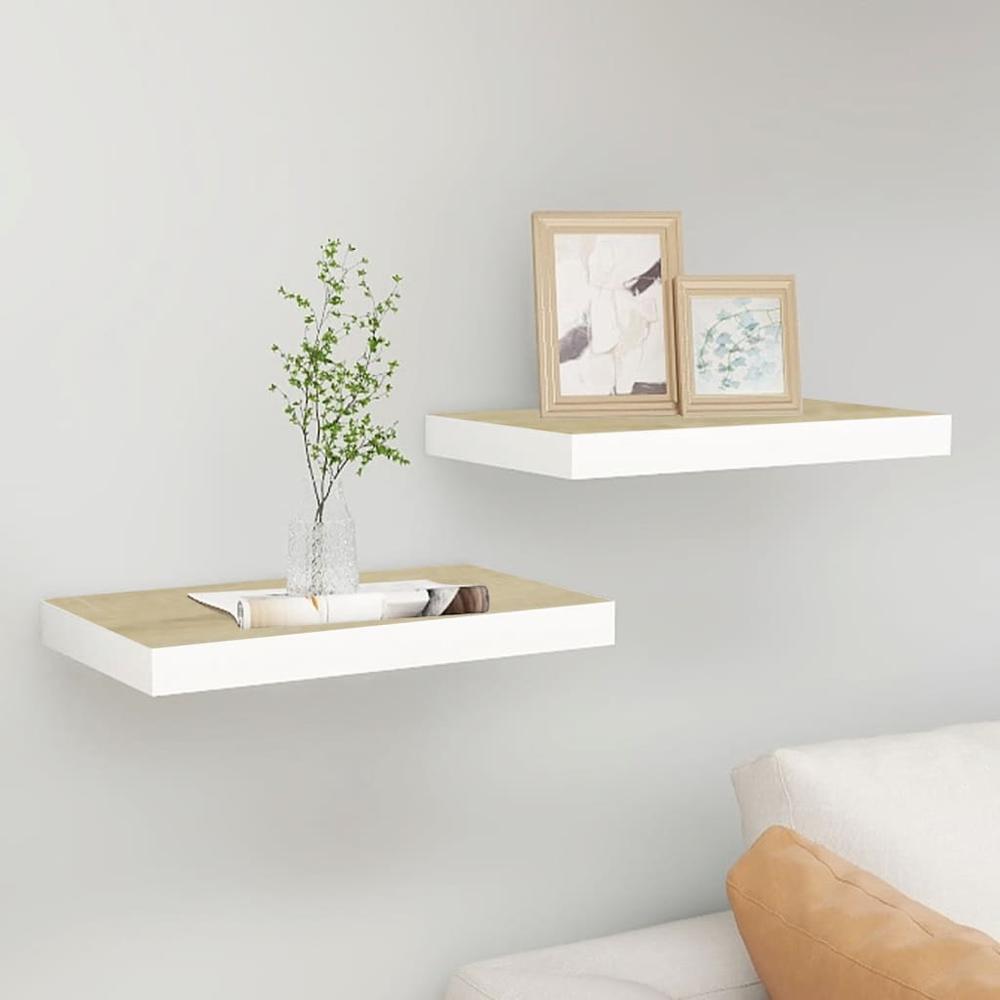 vidaXL Floating Wall Shelves 2 pcs Oak and White 15.7"x9.1"x1.5" MDF. Picture 1