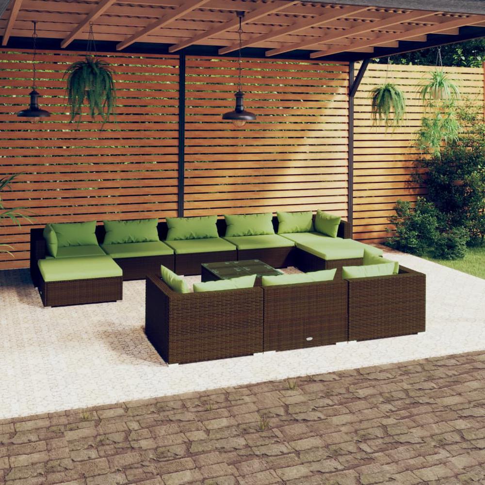 vidaXL 11 Piece Patio Lounge Set with Cushions Brown Poly Rattan, 3102052. Picture 1