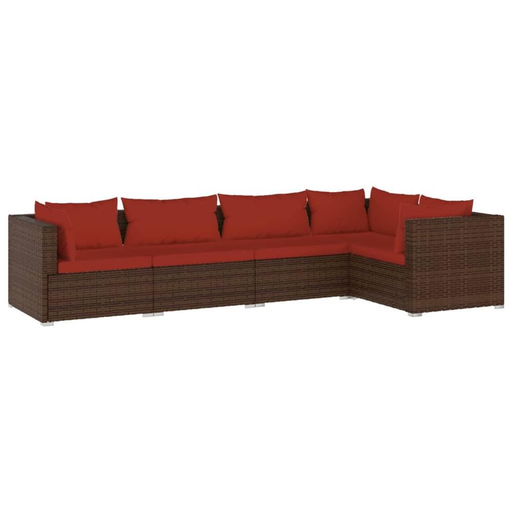 vidaXL 5 Piece Patio Lounge Set with Cushions Poly Rattan Brown, 3101691. Picture 2