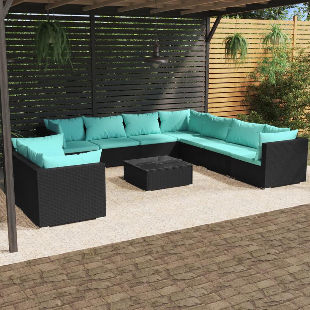 vidaXL 10 Piece Patio Lounge Set with Cushions Black Poly Rattan, 3102505. Picture 1