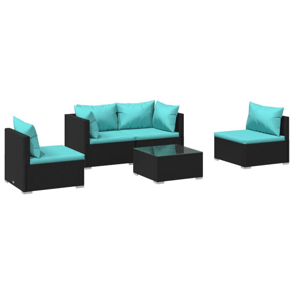 vidaXL 5 Piece Patio Lounge Set with Cushions Poly Rattan Black, 3102177. Picture 2