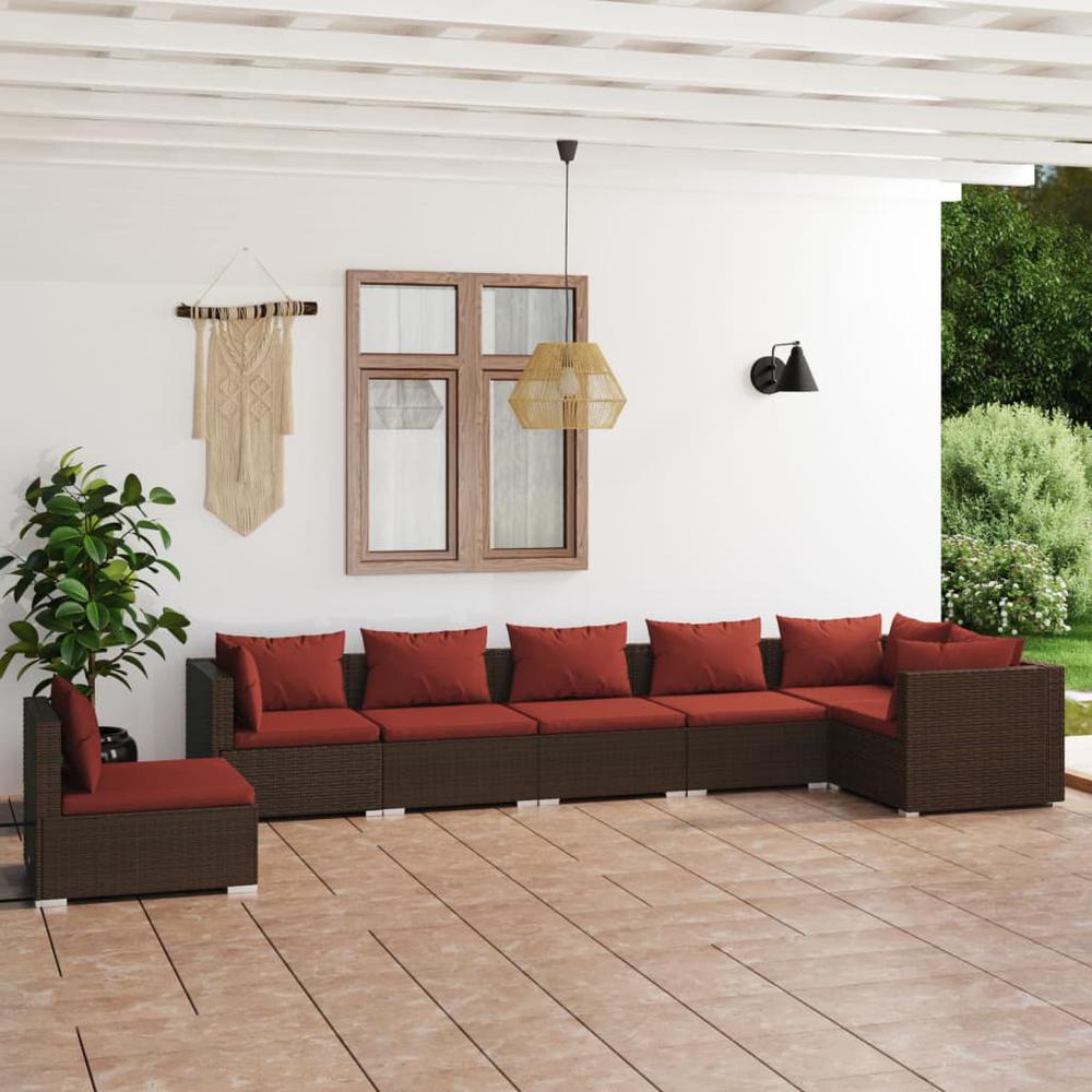 vidaXL 7 Piece Patio Lounge Set with Cushions Poly Rattan Brown, 3102339. Picture 1