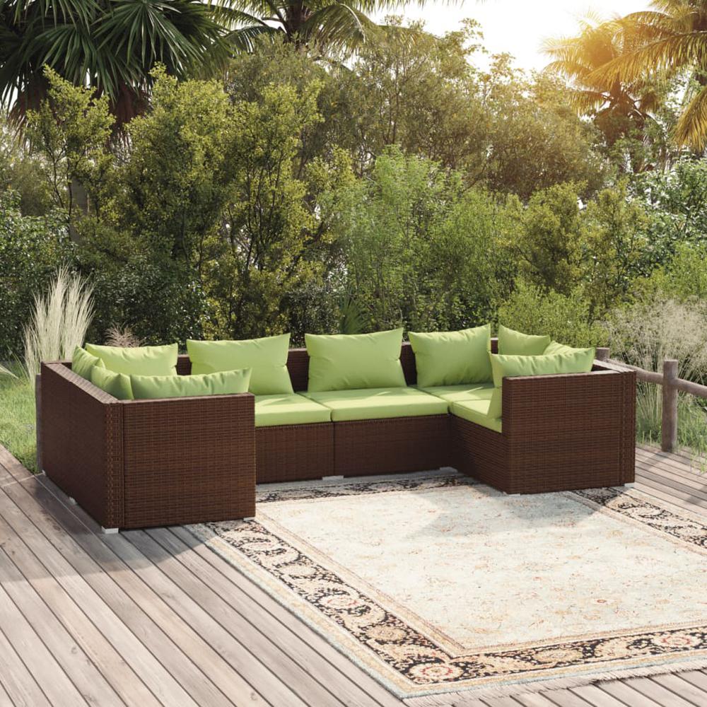 vidaXL 6 Piece Patio Lounge Set with Cushions Poly Rattan Brown, 3101940. The main picture.