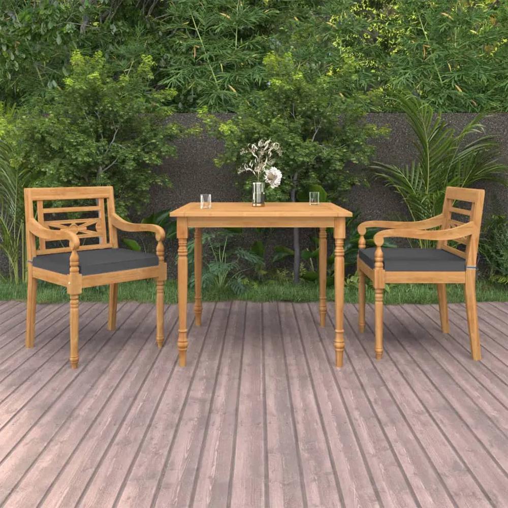vidaXL 3 Piece Patio Dining Set with Cushions Solid Teak Wood, 3087037. Picture 1