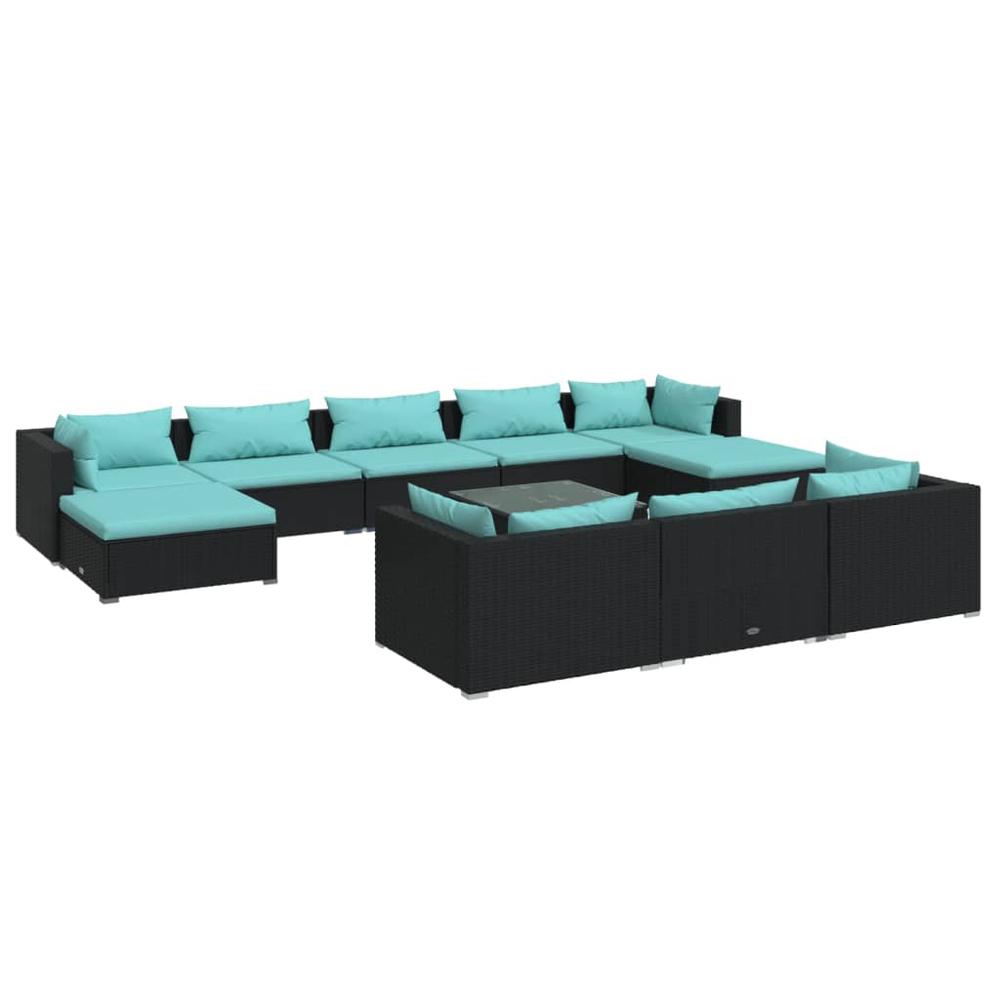 vidaXL 11 Piece Patio Lounge Set with Cushions Black Poly Rattan, 3102049. Picture 2