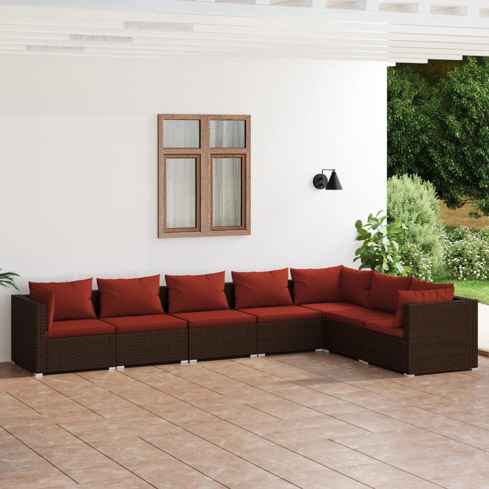 vidaXL 7 Piece Patio Lounge Set with Cushions Poly Rattan Brown, 3101739. Picture 1