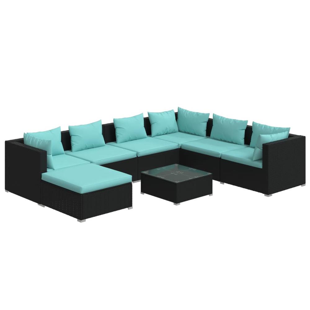 vidaXL 8 Piece Patio Lounge Set with Cushions Poly Rattan Black, 3101849. Picture 2
