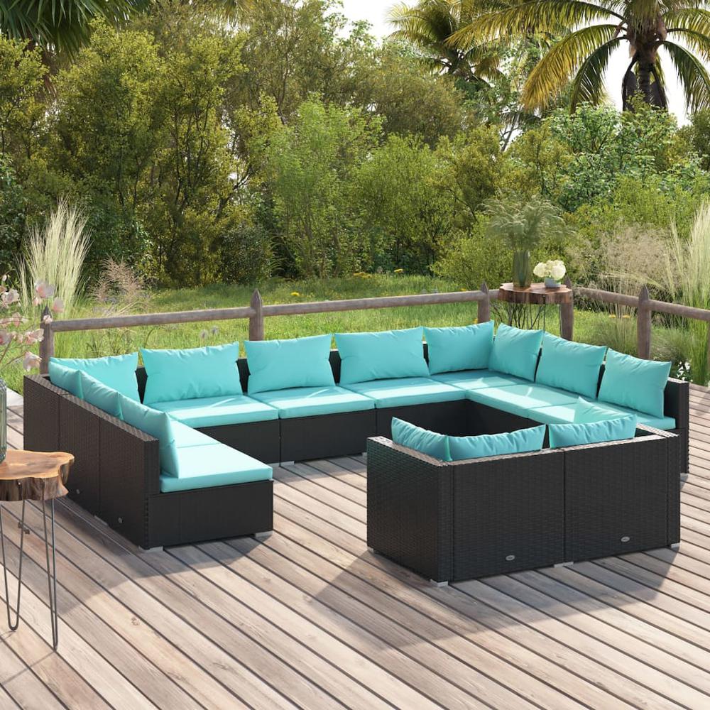 vidaXL 11 Piece Patio Lounge Set with Cushions Black Poly Rattan, 3102073. Picture 1