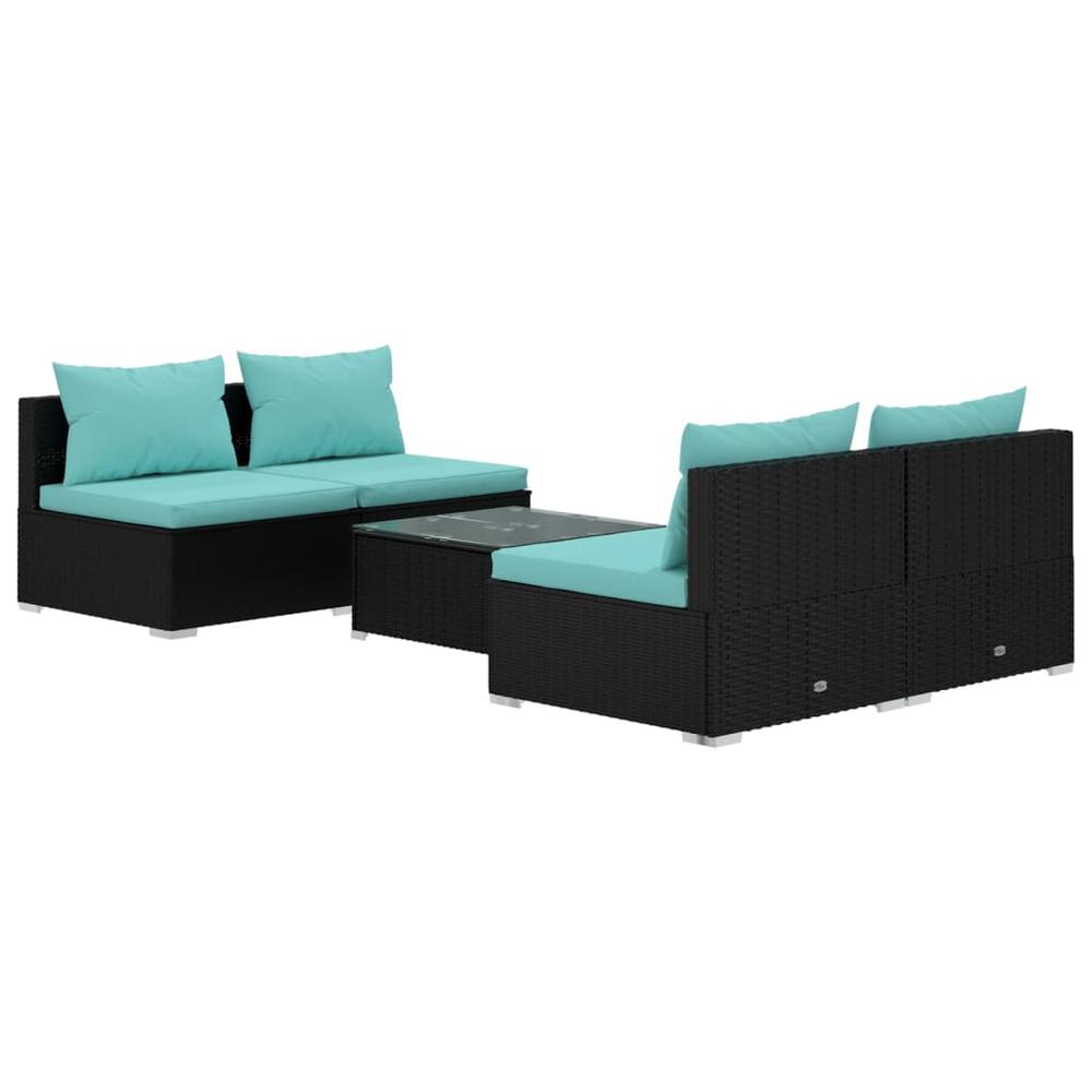 vidaXL 5 Piece Patio Lounge Set with Cushions Poly Rattan Black, 3101441. Picture 2