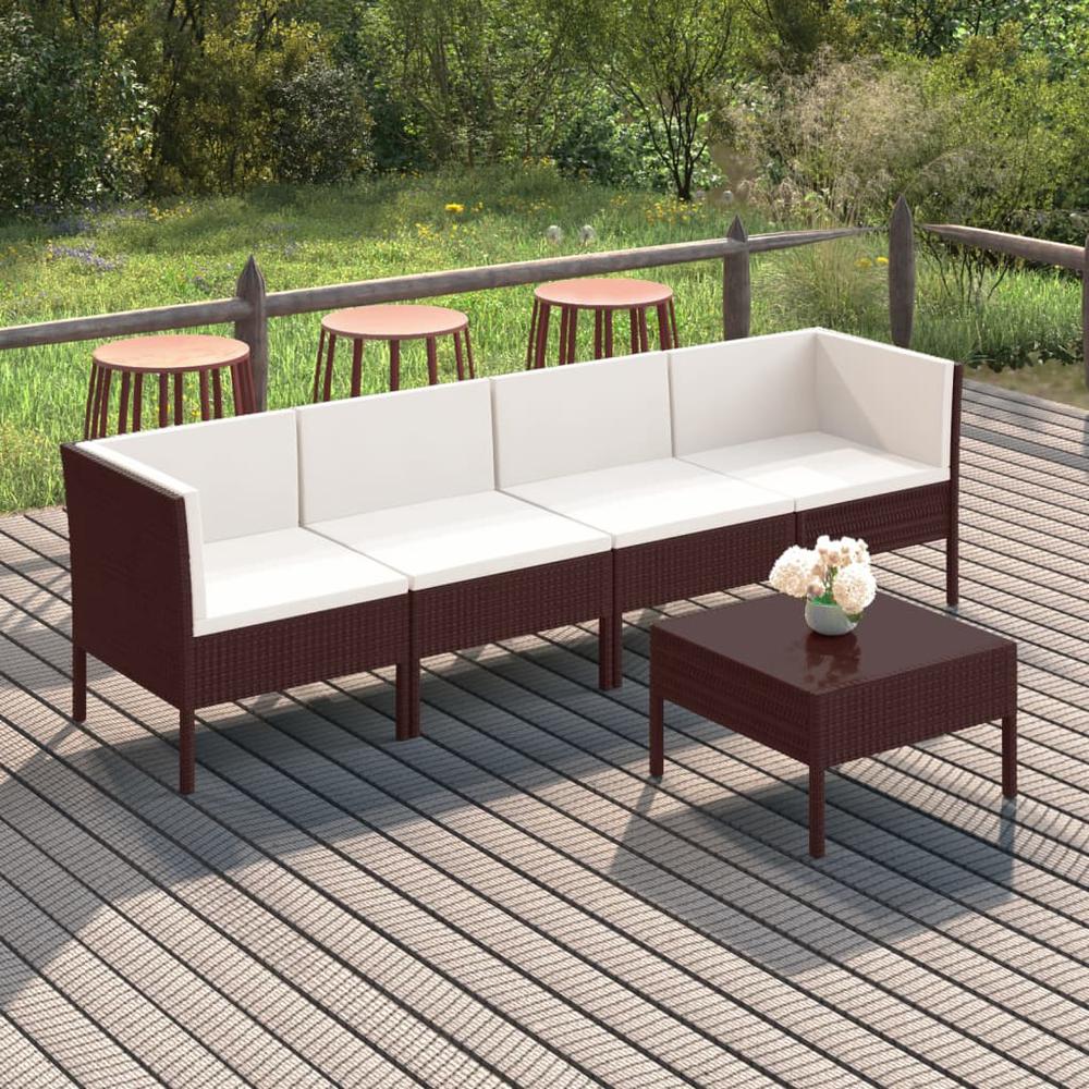 vidaXL 5 Piece Patio Lounge Set with Cushions Poly Rattan Brown, 3094335. Picture 1