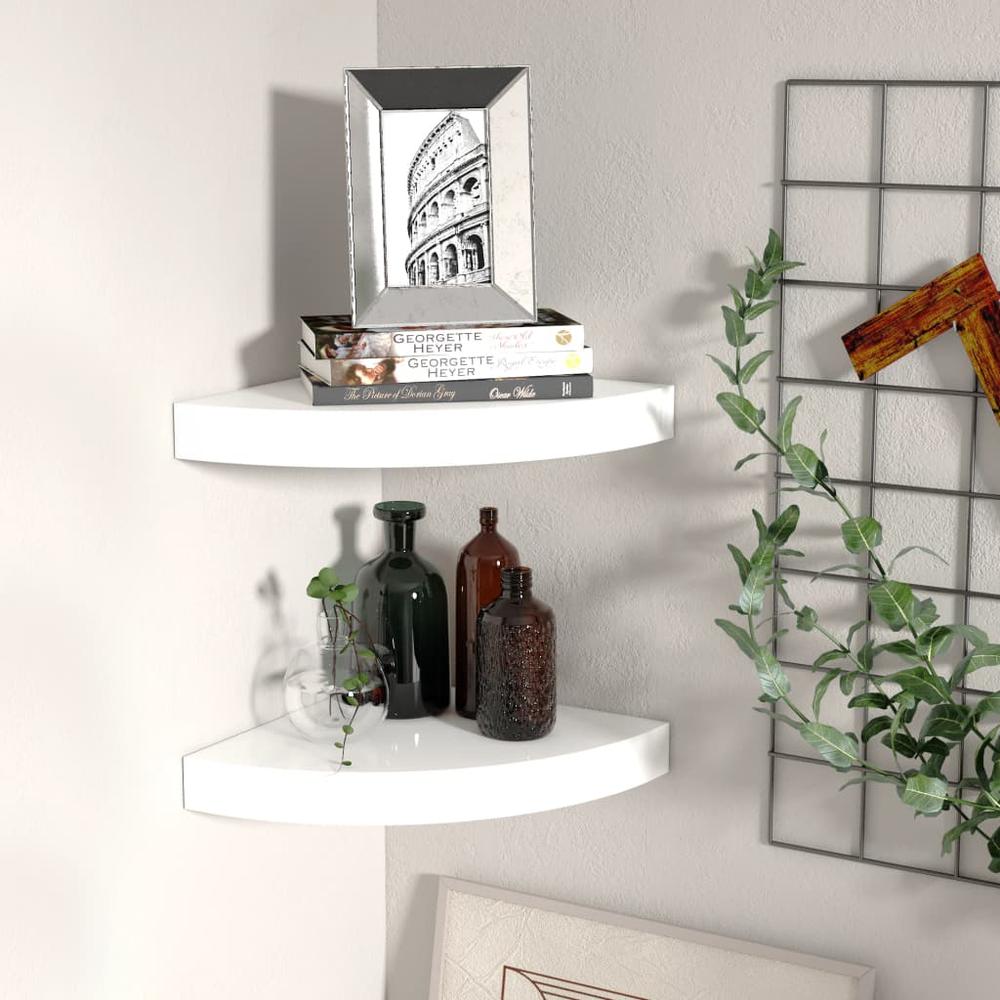 vidaXL Floating Corner Shelves 2 pcs High Gloss White 9.8"x9.8"x1.5" MDF. Picture 1