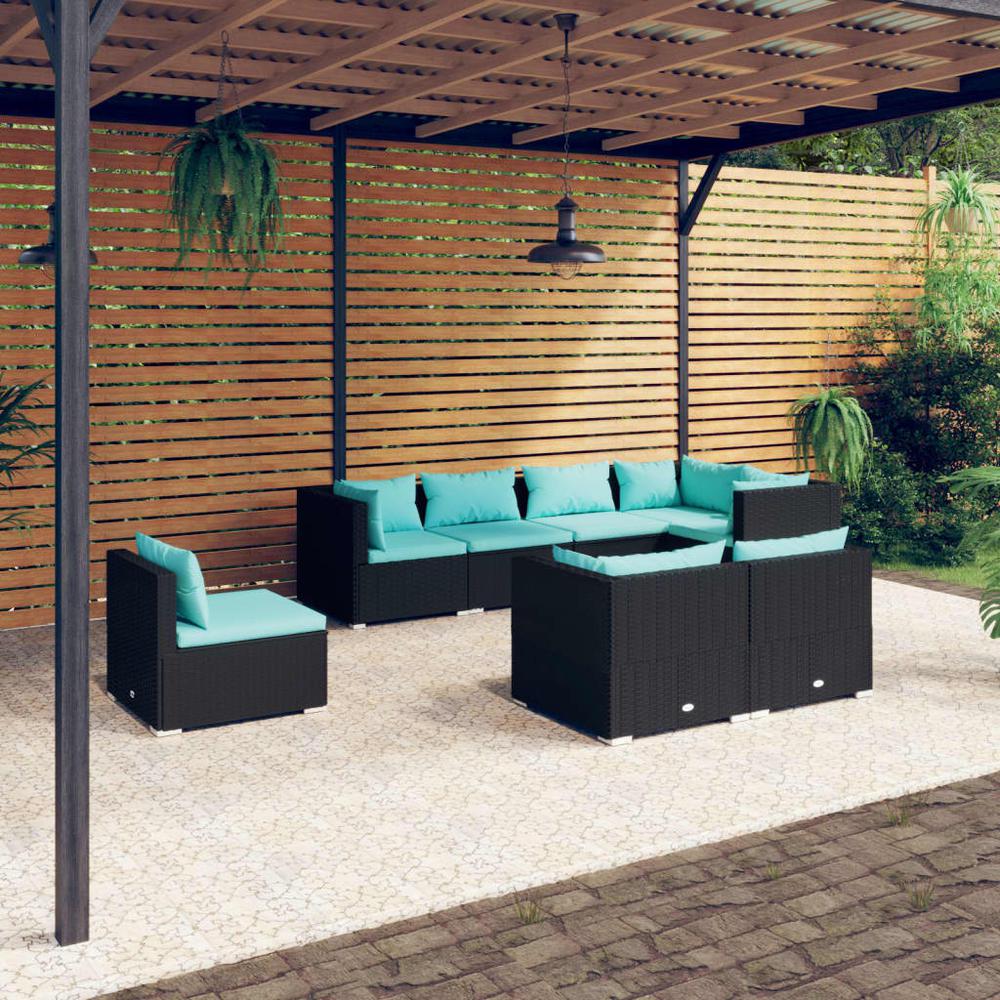 vidaXL 8 Piece Patio Lounge Set with Cushions Poly Rattan Black, 3102609. Picture 1