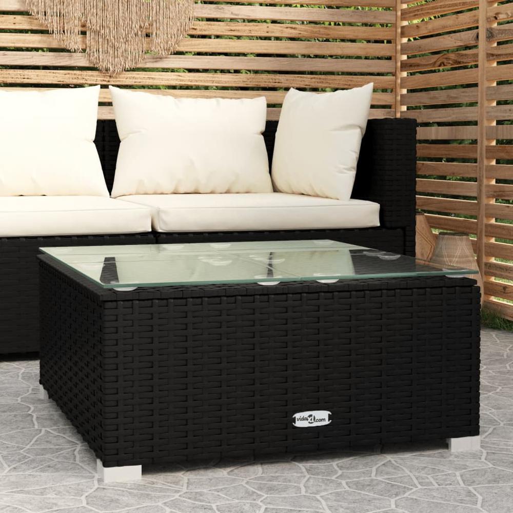 vidaXL Patio Coffee Table Black 23.6"x23.6"x11.8" Poly Rattan and Glass. Picture 1