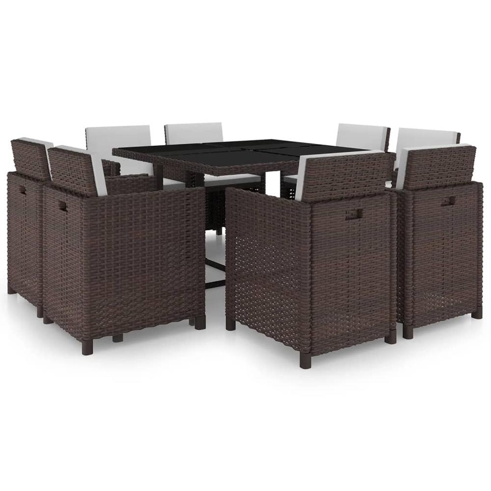 vidaXL 9 Piece Patio Dining Set with Cushions Poly Rattan Brown, 313646. Picture 1