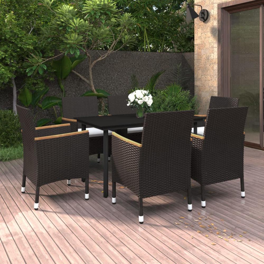 vidaXL 7 Piece Patio Dining Set with Cushions Poly Rattan and Glass, 3099772. Picture 1