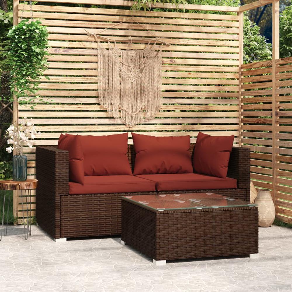 vidaXL 3 Piece Patio Lounge Set with Cushions Brown Poly Rattan, 317543. Picture 1