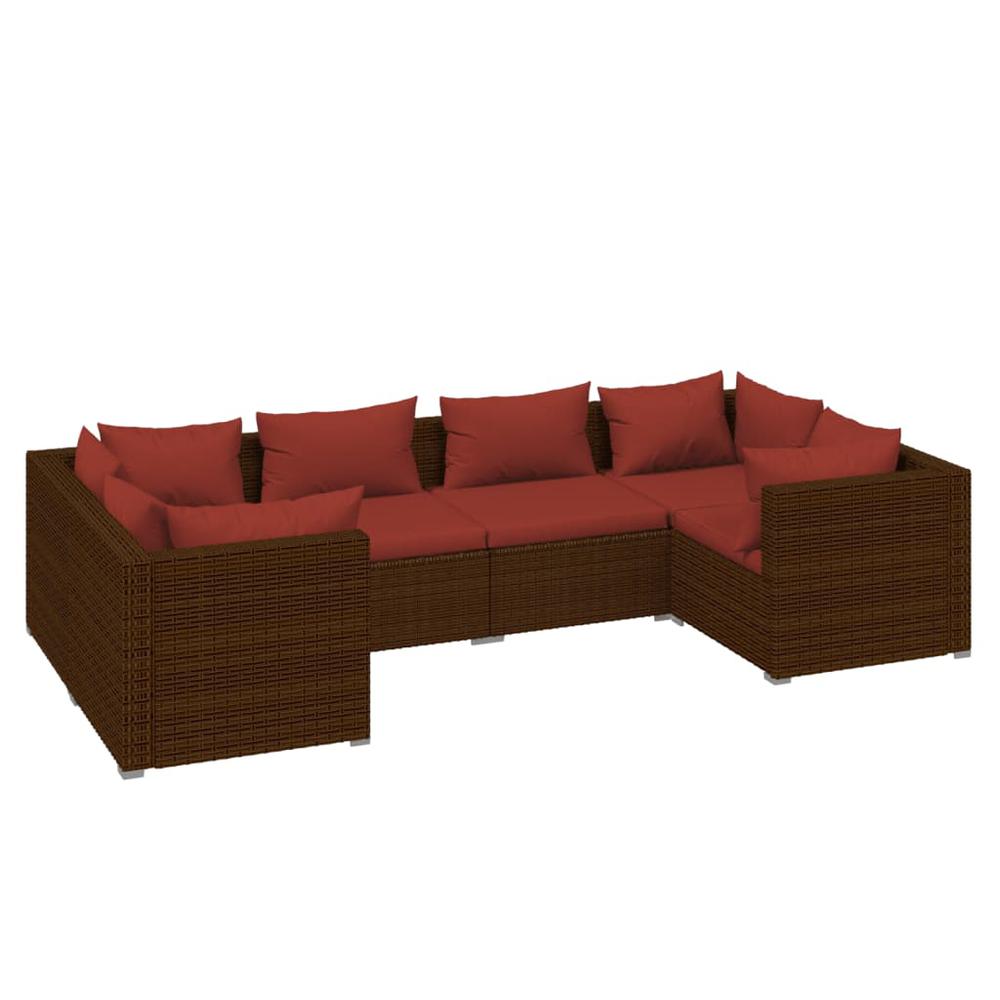vidaXL 6 Piece Patio Lounge Set with Cushions Poly Rattan Brown, 3101939. Picture 2