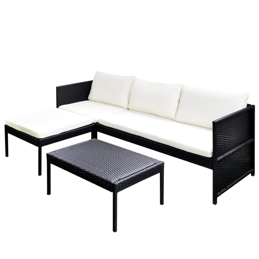 vidaXL 3 Piece Garden Lounge Set with Cushions Poly Rattan Black. Picture 1