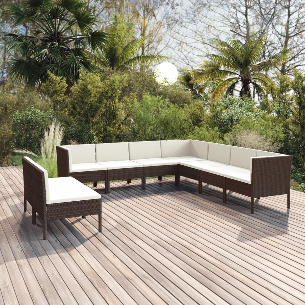 vidaXL 9 Piece Patio Lounge Set with Cushions Poly Rattan Brown, 3094467. Picture 1