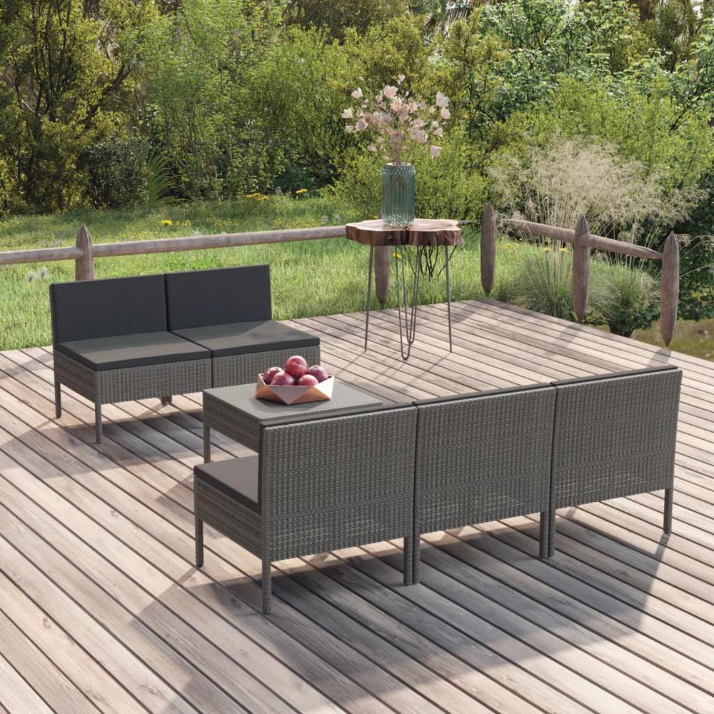 vidaXL 6 Piece Patio Lounge Set with Cushions Poly Rattan Gray, 3094322. Picture 1