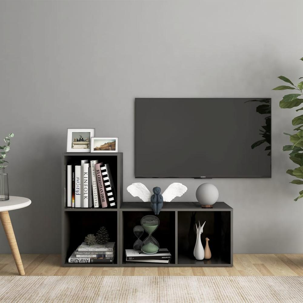 vidaXL TV Cabinets 2 pcs High Gloss Gray 28.3"x13.8"x14.4" Engineered Wood, 3079951. Picture 1