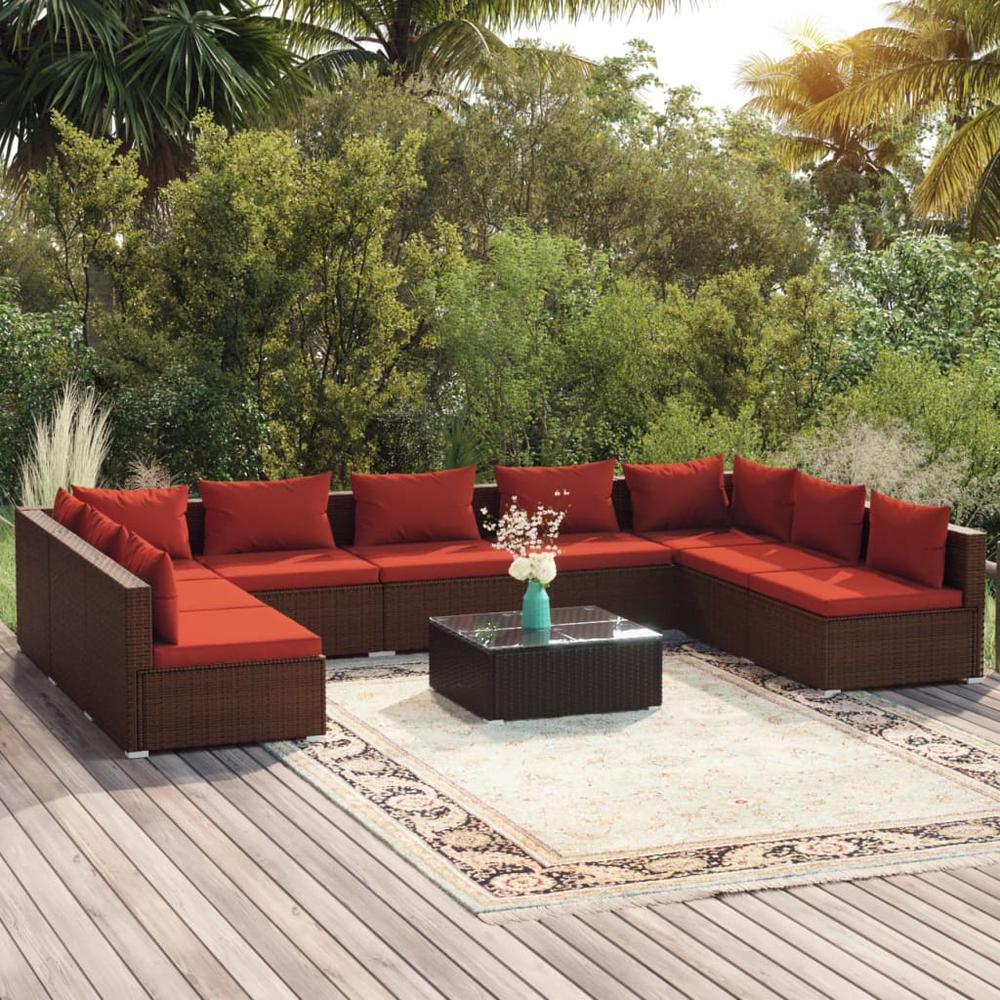 vidaXL 10 Piece Patio Lounge Set with Cushions Poly Rattan Brown, 3101915. Picture 1